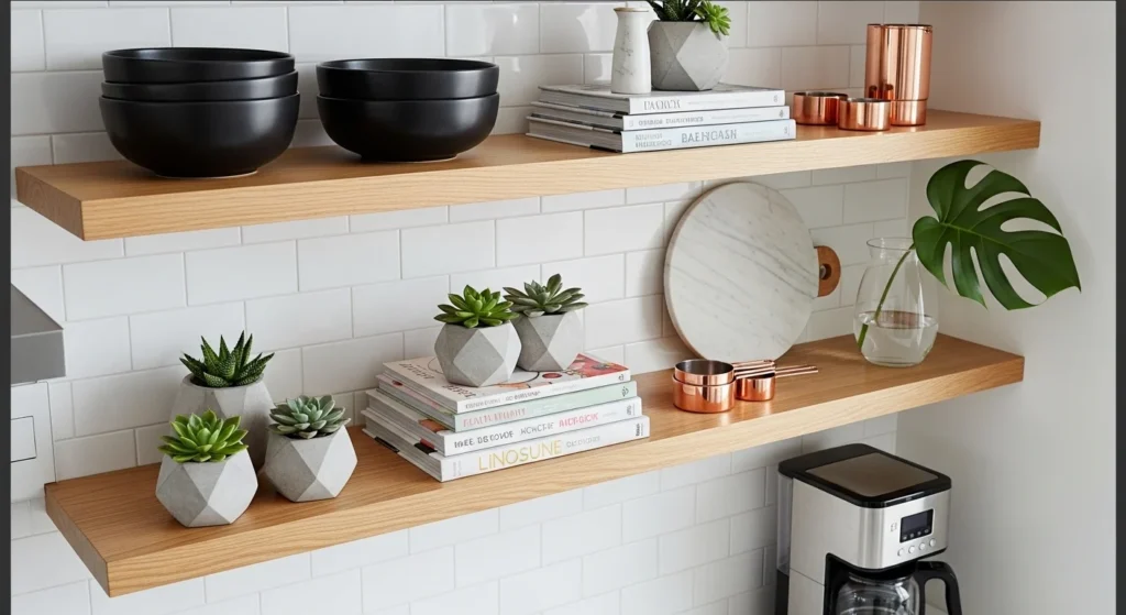 kitchen with open shelving styled decor modern look