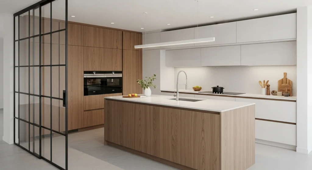 kitchen with glass partition maintaining open and bright space modern design