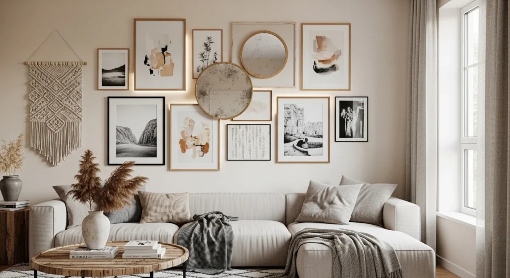 living room layered wall decor combining art shelves and textures