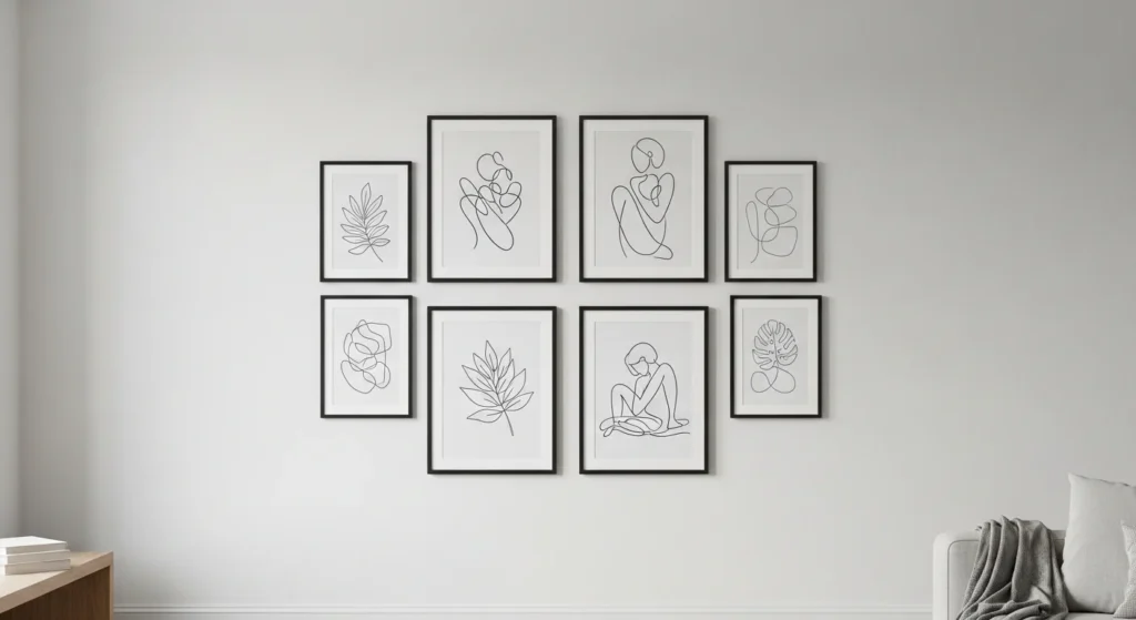 living room line art frames minimalist aesthetic decor