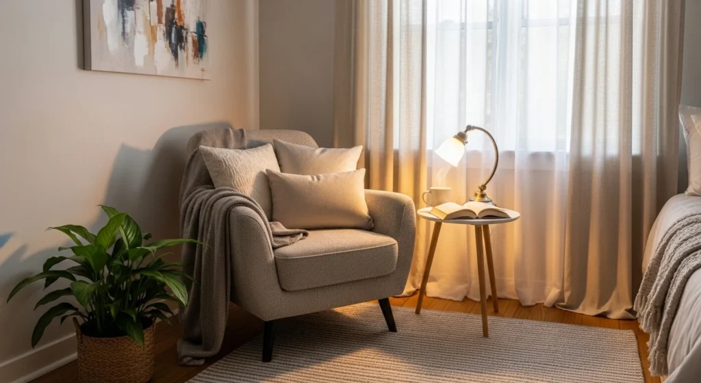 small bedroom cozy corner with chair and soft lighting relaxing vibe