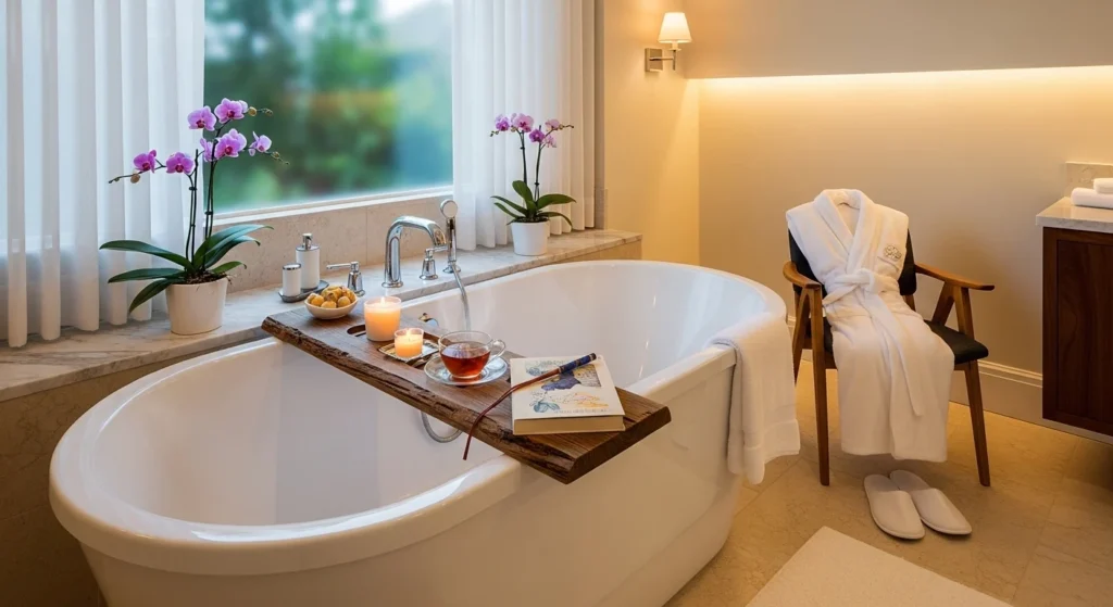 bathroom with bath tray robe and spa accessories luxury feel