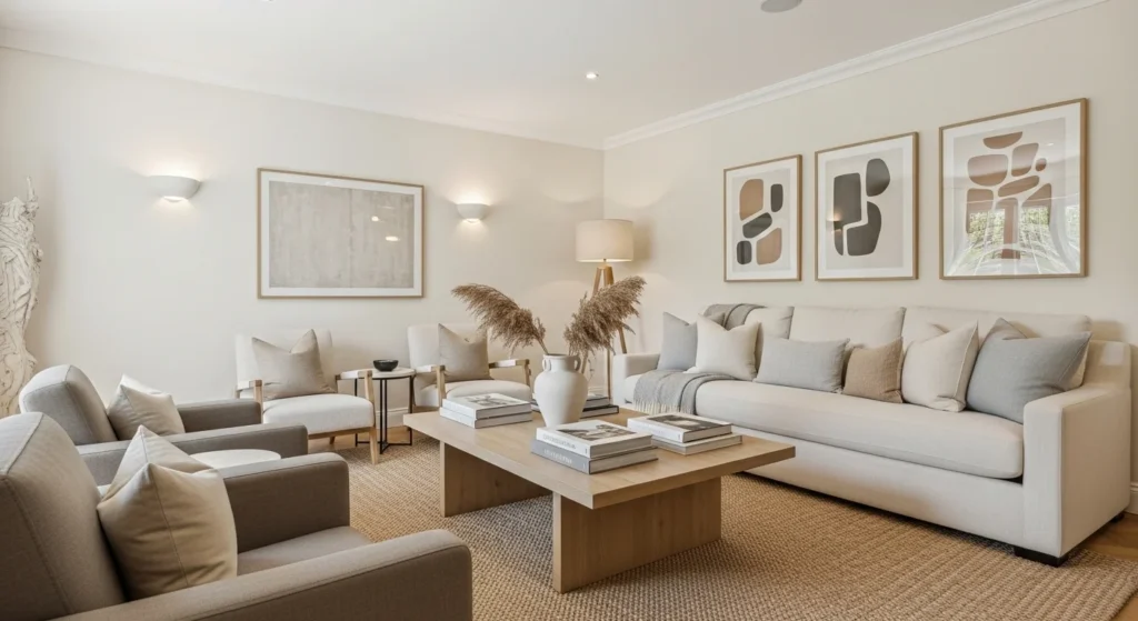 living room with creamy monochrome walls elegant cohesive design