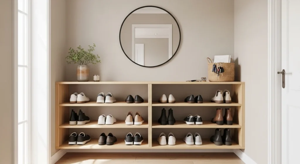 small entryway with open shelf shoe storage organized neatly