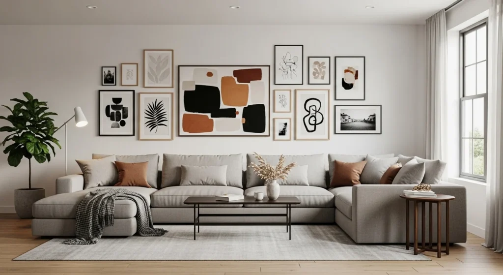 living room sectional sofa with wall art gallery modern design