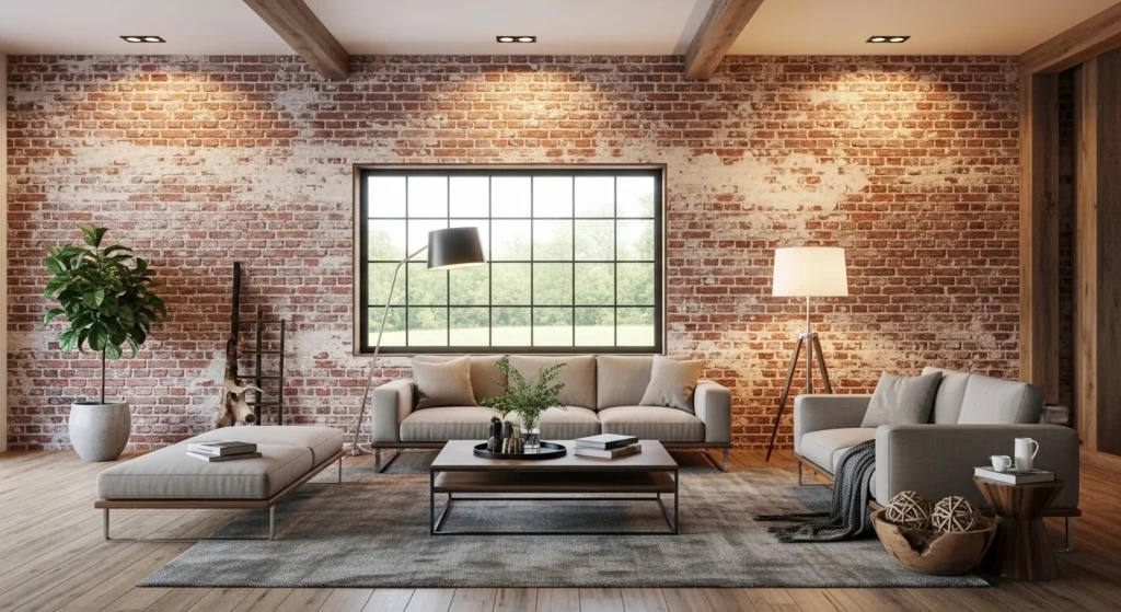 living room exposed brick wall rustic modern style