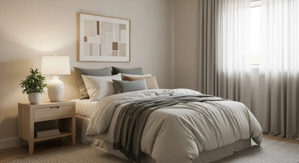 small bedroom with cohesive color theme creating spacious aesthetic