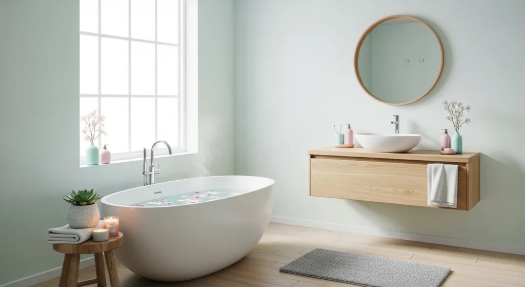 bathroom with soft pastel accents calming spa vibe