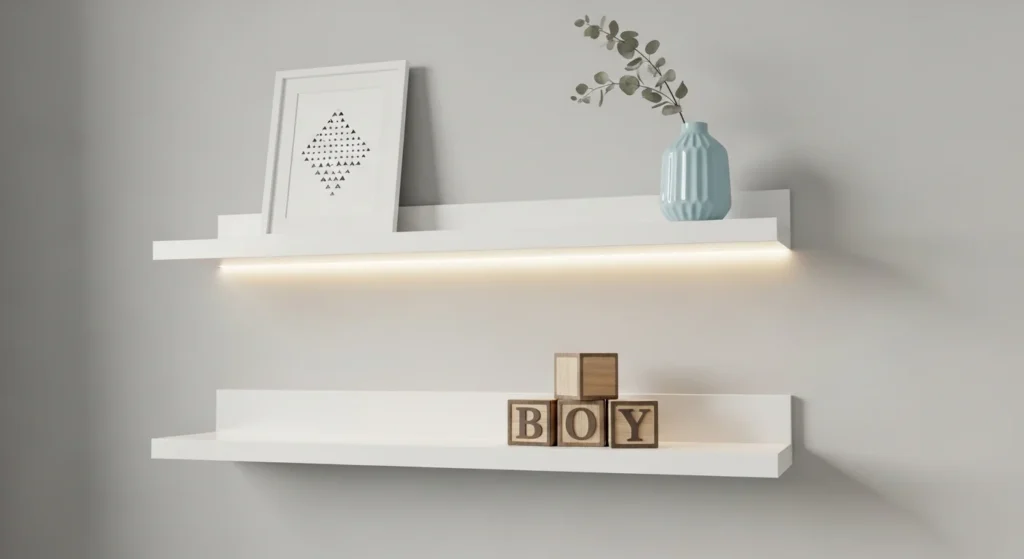 boys nursery with floating shelves clean modern decor
