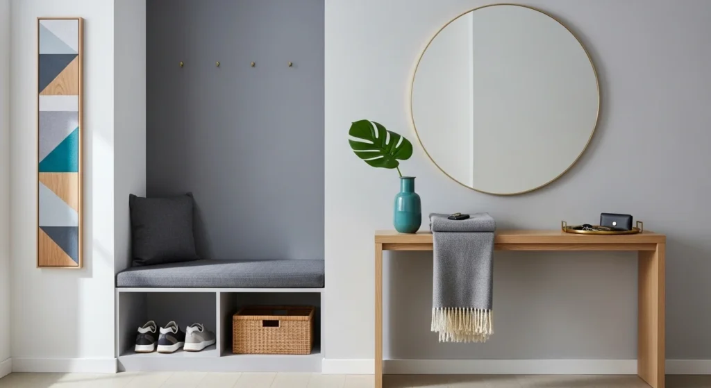 small entryway with cohesive color palette clean modern look