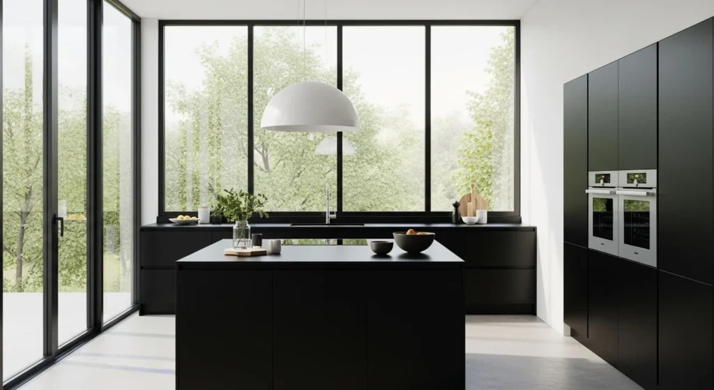 black kitchen with large windows natural light modern design