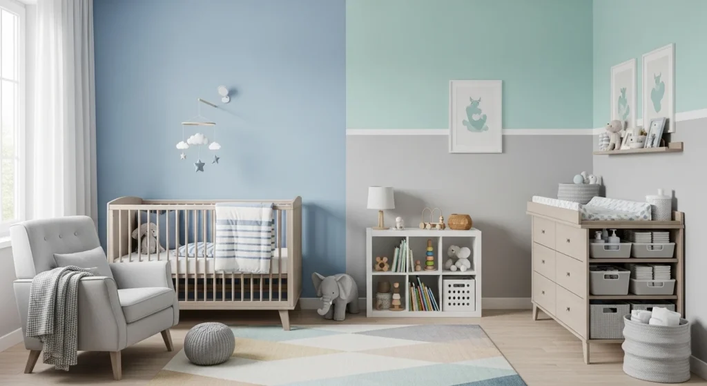 boys nursery color zoning soft tones organized layout