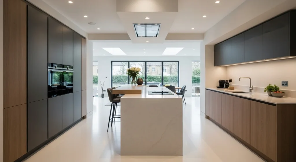 kitchen with seamless flooring creating open flow space