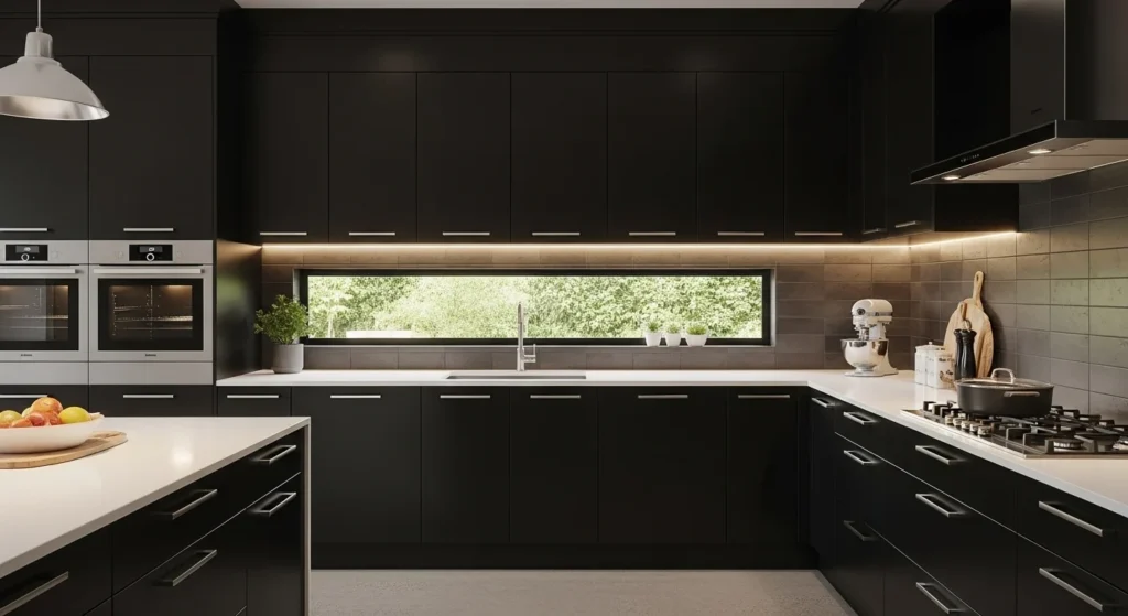black kitchen cabinets with stylish handles modern detail