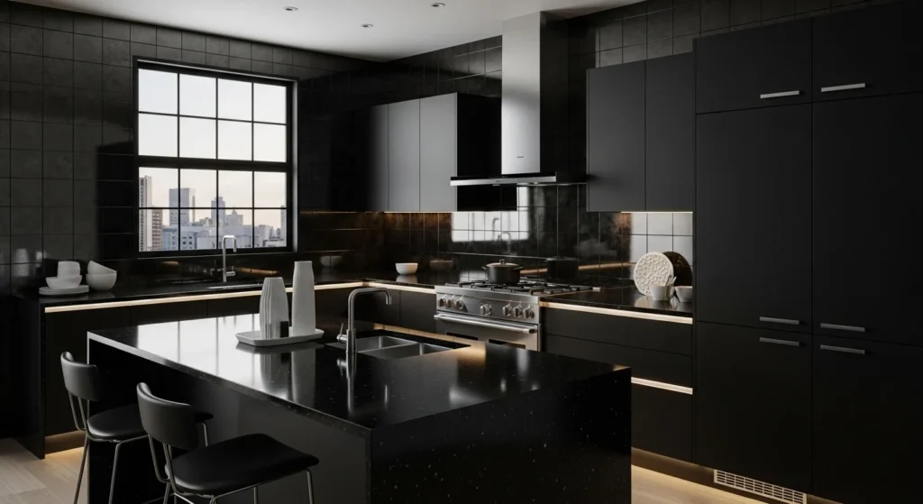 full black kitchen bold dramatic modern luxury design