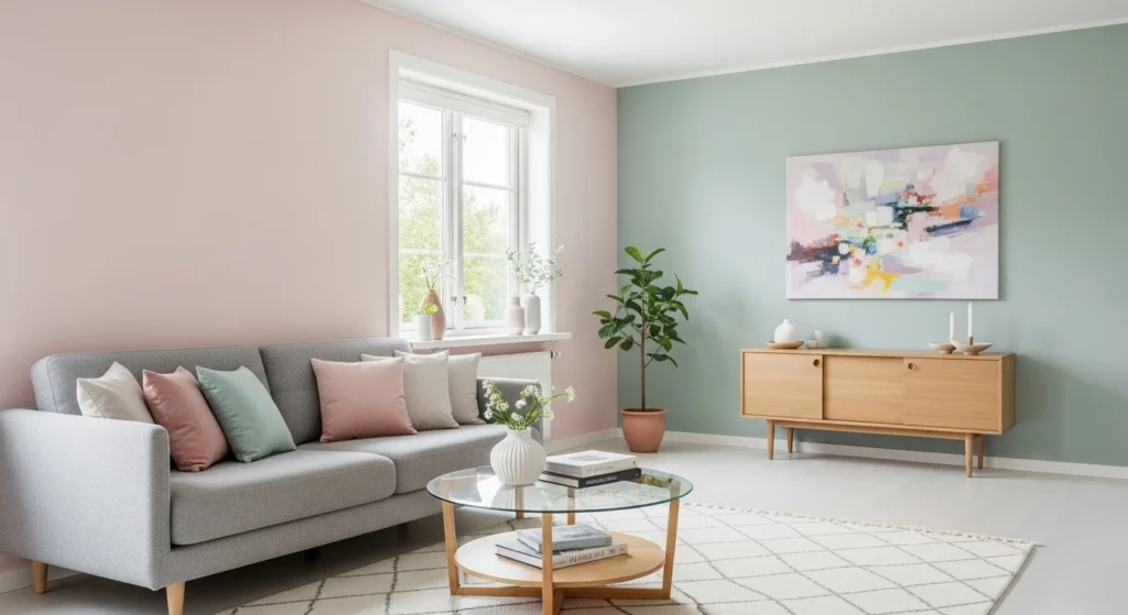 living room with pastel wall colors creating soft airy and bright look