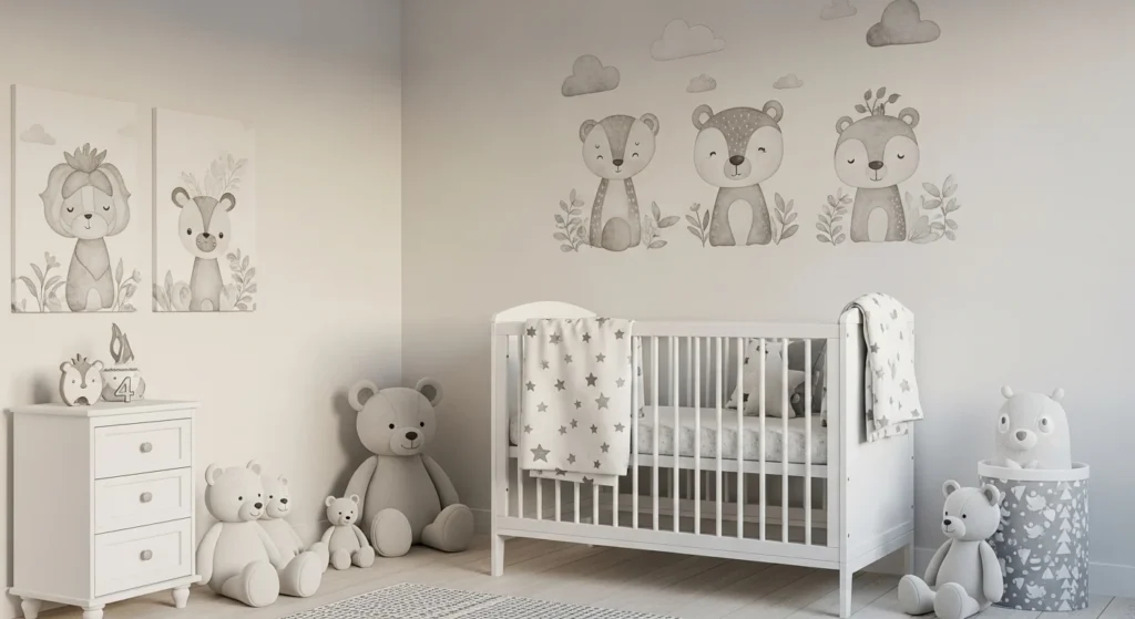 boys nursery with cute animal theme and cozy decor