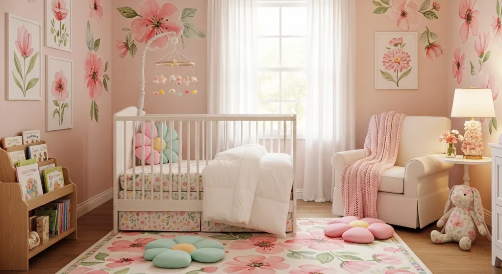 girls nursery with floral decor soft pastel theme elegant design