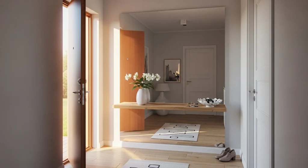 small entryway with mirror reflecting light to make space look bigger