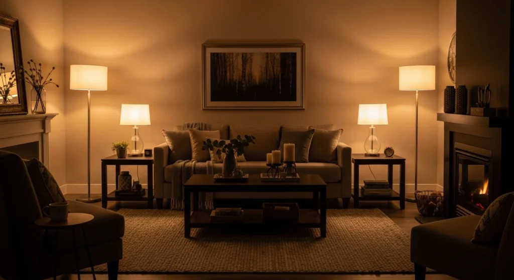 living room with layered lighting creating warm and cozy ambiance