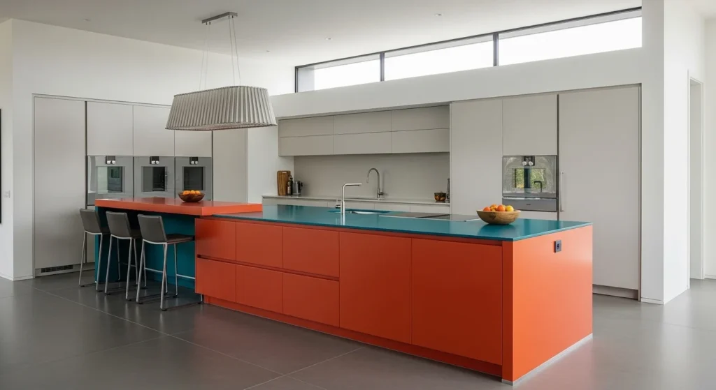 kitchen with bold statement island and modern seating area