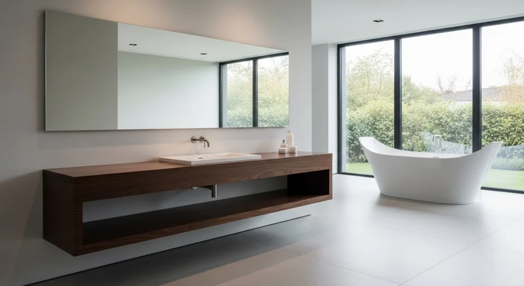 bathroom with floating vanity creating open and modern space look