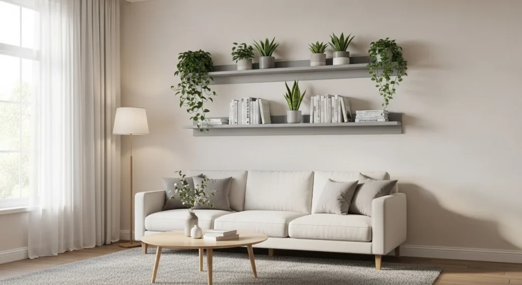 small living room with floating shelves for storage and decor