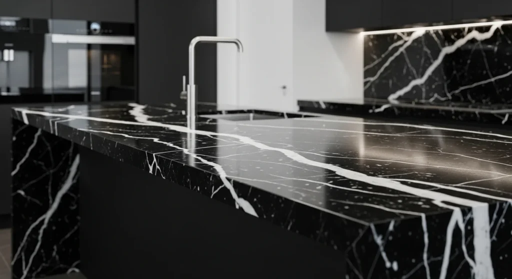 black marble kitchen countertop with elegant veining luxury design