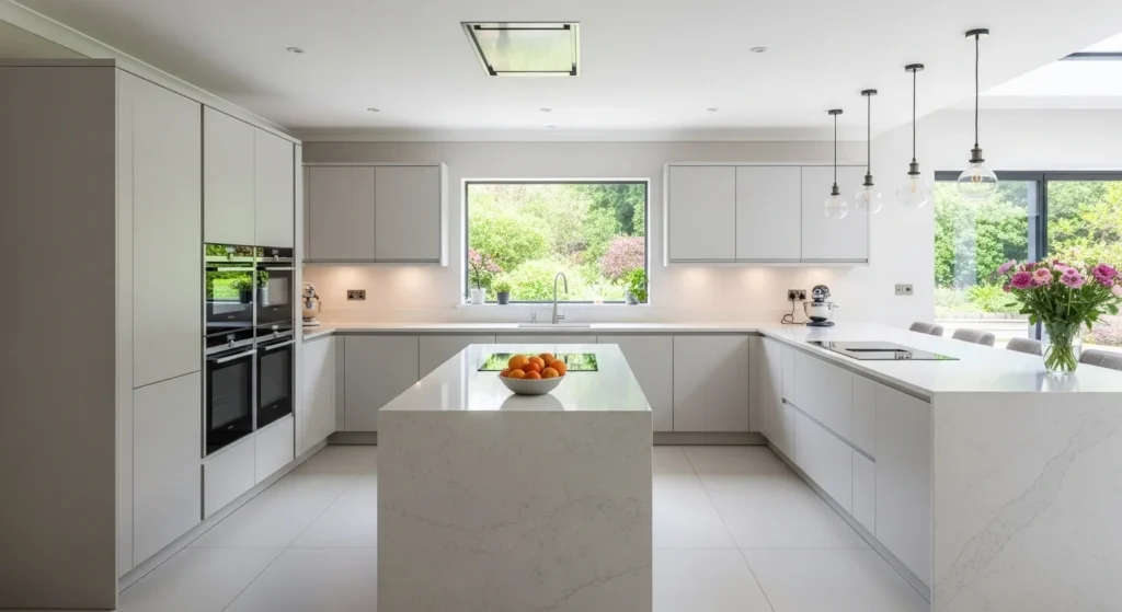 U shaped kitchen layout with maximum storage and counter space modern design