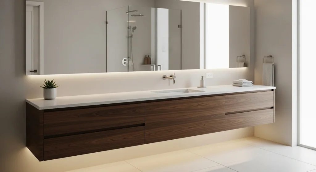 bathroom with floating vanity creating spacious and clean look