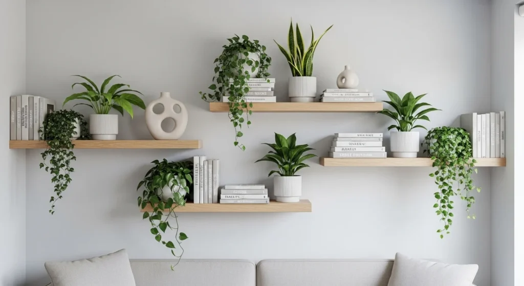 living room floating shelves with decor plants and books aesthetic setup