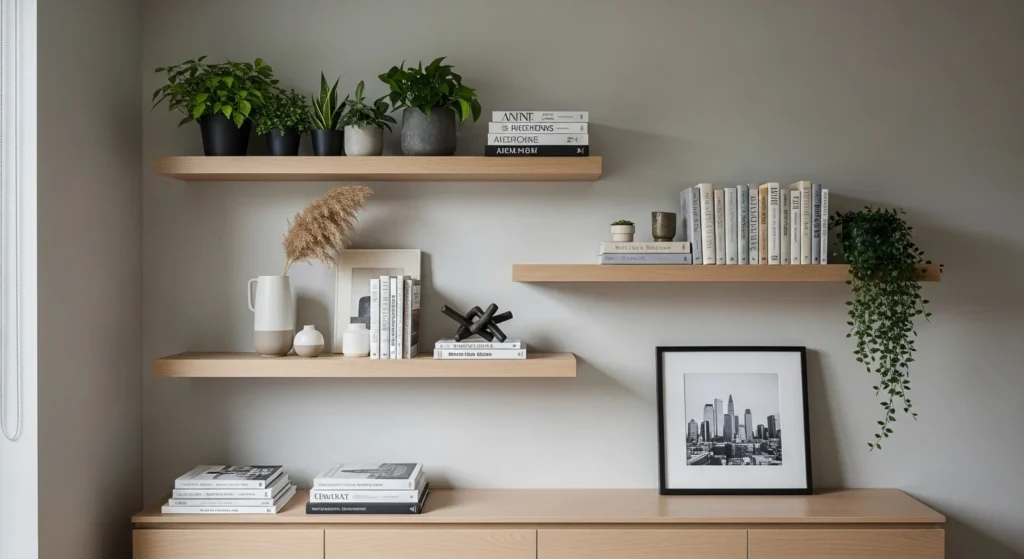 living room wall with floating shelves decor plants and books