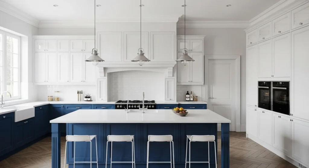 blue and white kitchen with clean bright classic style