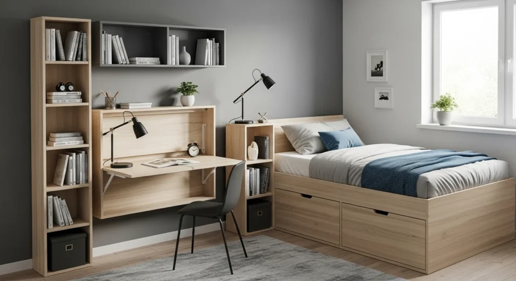 small bedroom with multifunctional furniture saving space and reducing clutter