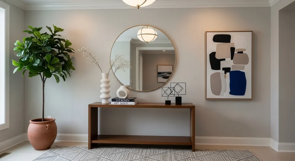 foyer with styled console table and decorative accents