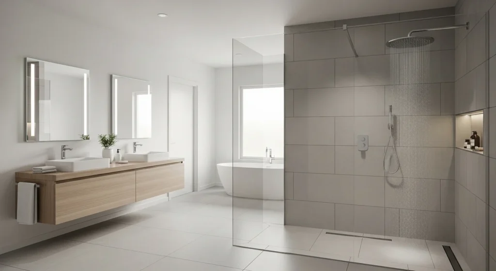 master bathroom with walk in glass shower modern open design