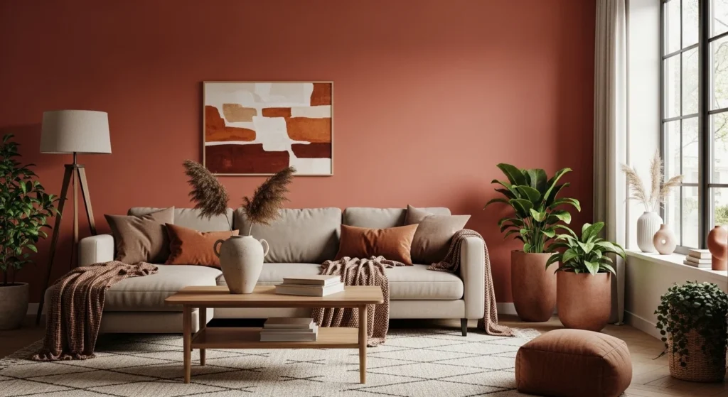 living room with terracotta wall paint creating warm earthy aesthetic