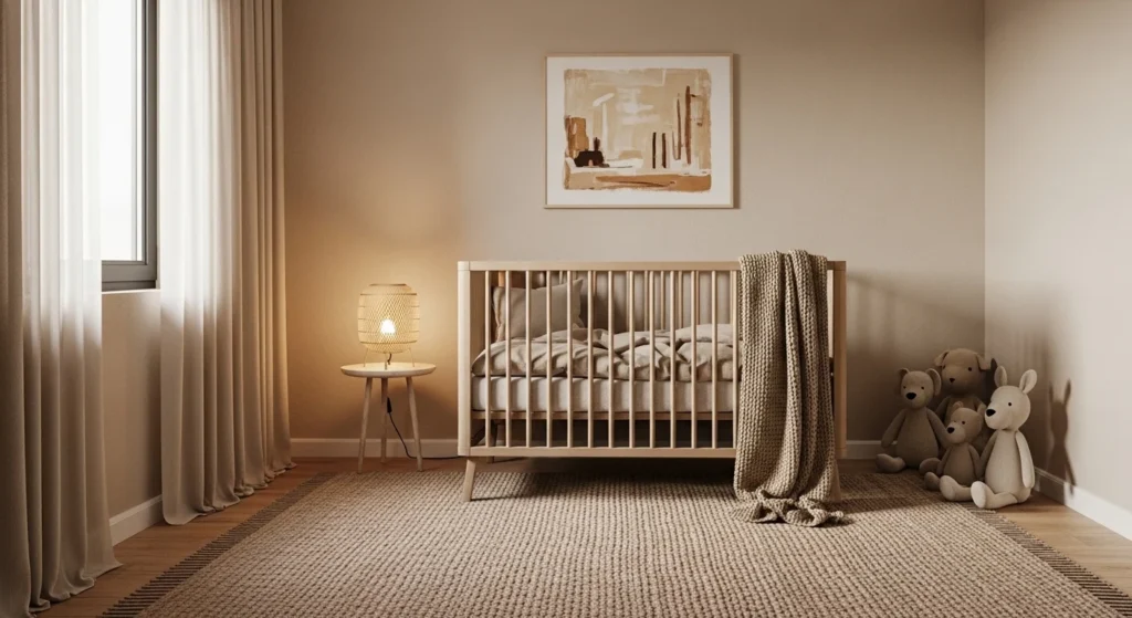 boys nursery with beige tones soft and modern aesthetic