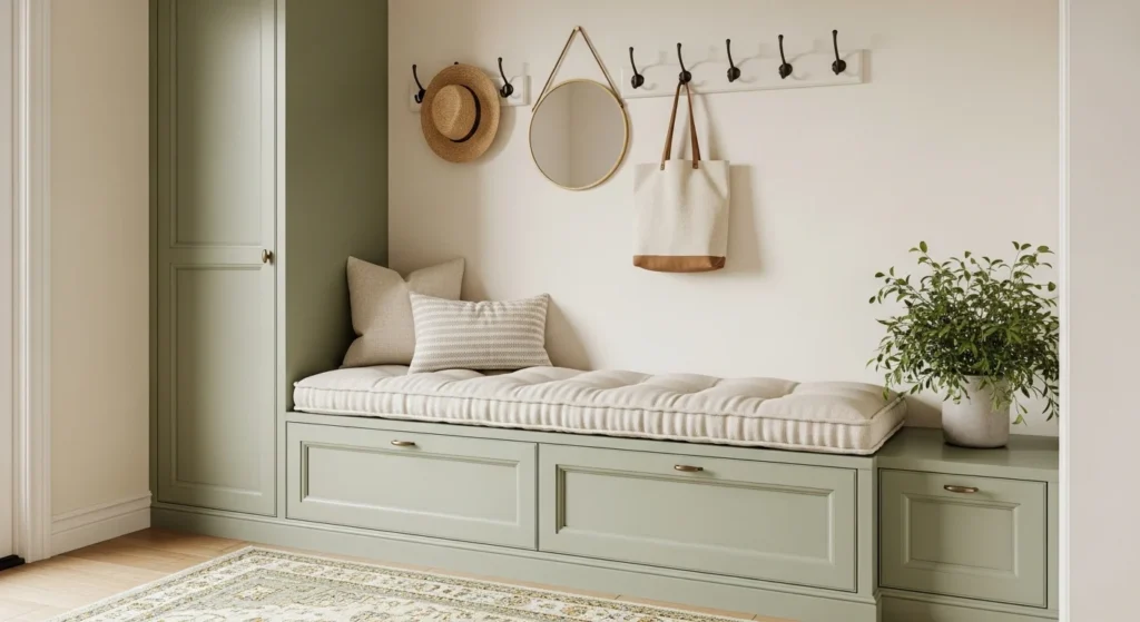 small entryway with built in storage bench seating and hidden storage