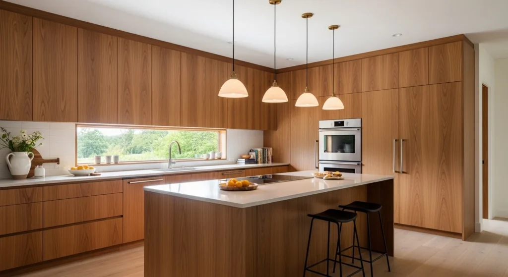 kitchen with warm wood cabinets creating cozy modern look