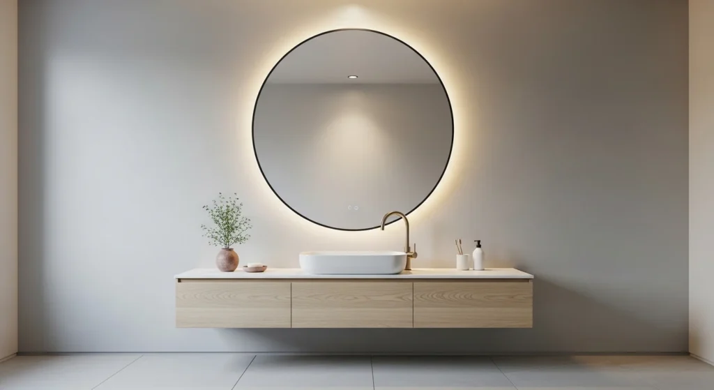 bathroom with statement mirror adding style and reflecting light