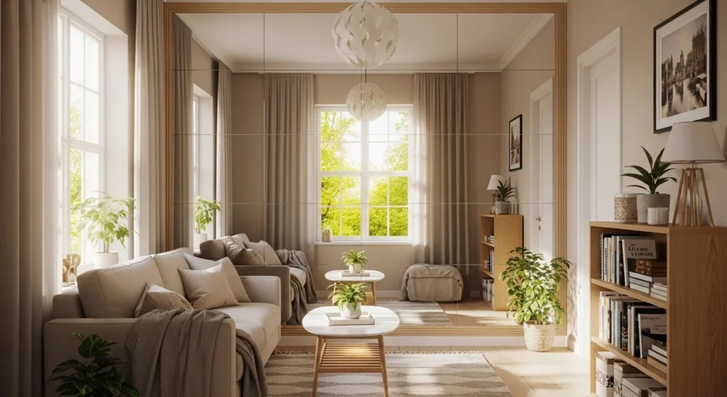 small living room with mirror reflecting light for spacious look