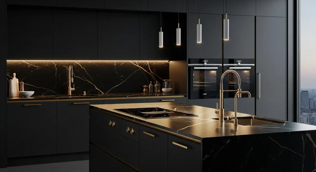 black kitchen with gold accents luxury modern aesthetic