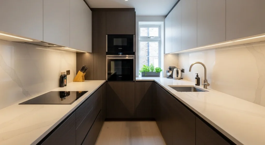 galley kitchen layout narrow space with parallel counters clean modern look