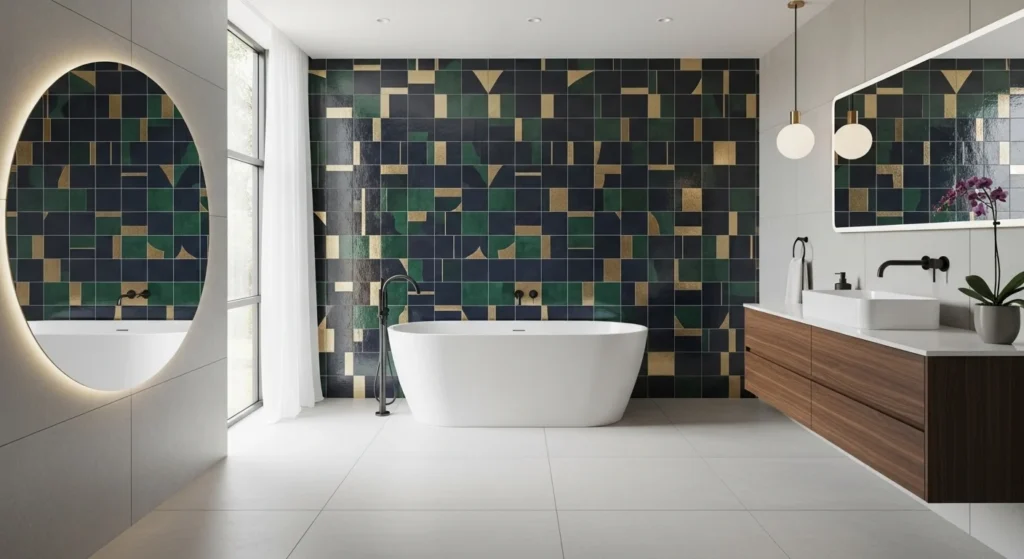 bathroom with statement tile wall adding bold modern style