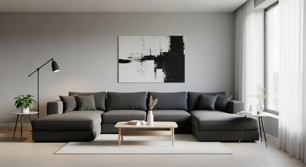 living room with dark grey sectional sofa sleek modern decor