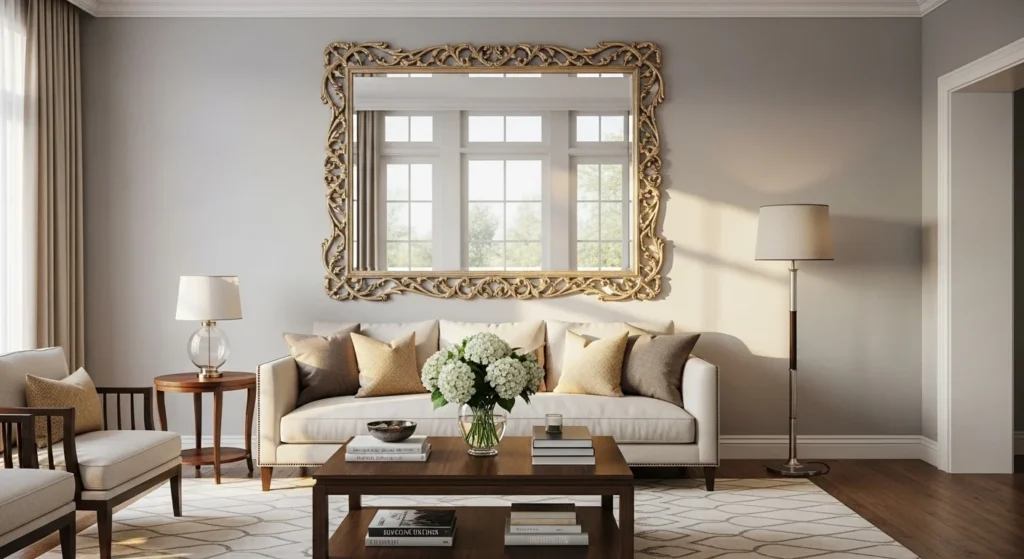 living room decorative mirror reflecting light and making space feel bigger