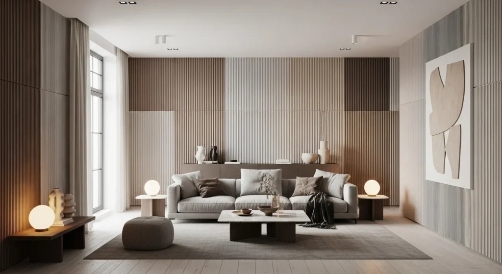 living room textured wall panels adding depth and modern style
