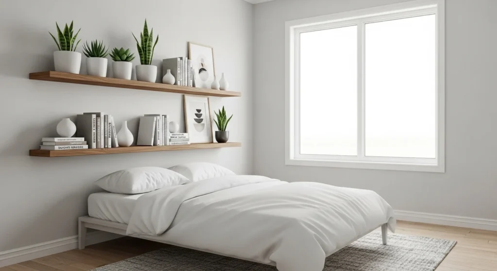 small bedroom with floating shelves for vertical storage and clean layout