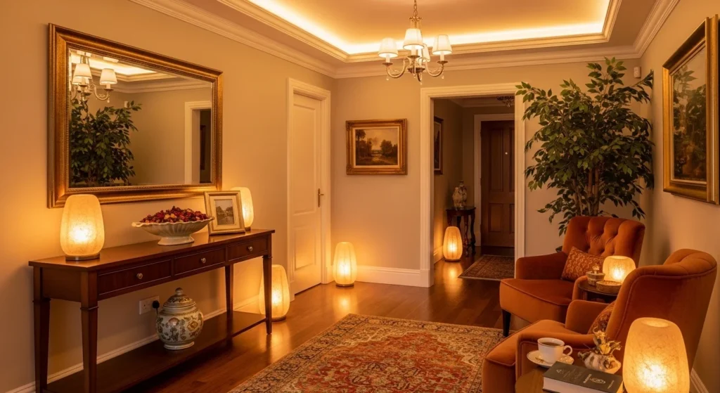 foyer with warm lighting creating cozy and inviting atmosphere